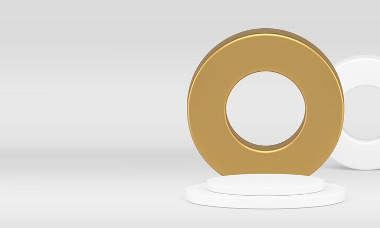 Vector white luxury 3d showroom podium with golden ring wall background realistic vector