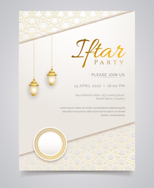 White luxury iftar invitation ramadan with decorative ornament pattern and lantern Premium Vector