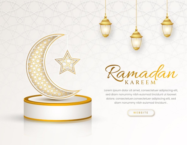 White luxury ramadan background with decorative ornament pattern and lanterns Premium Vector