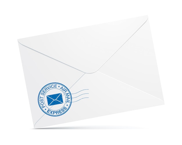 파란색 우편 서비스 우표가 배경에 격리된 흰색 우편 봉투. 접힌 우편 봉투 벡터 모형.