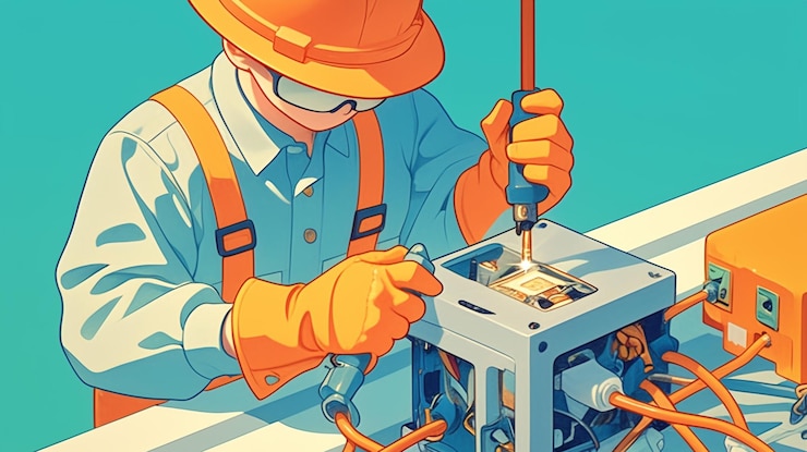 Vector white male electrician in his 50s repairing a circuit