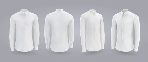 Vector white male shirt with buttons in front, back and side view.