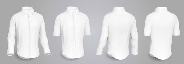 Vector white male shirt with long and short sleeves and buttons in front, back and side view