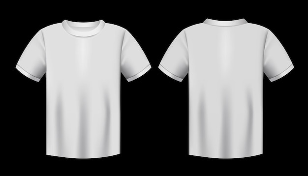 Vector white male tshirt realistic mockup set from front and back view on black background