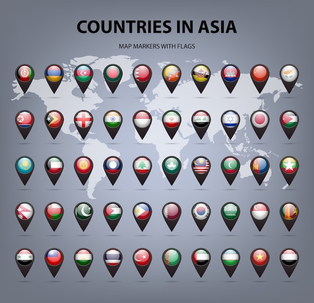 White map markers with flags  Asia  Original colors