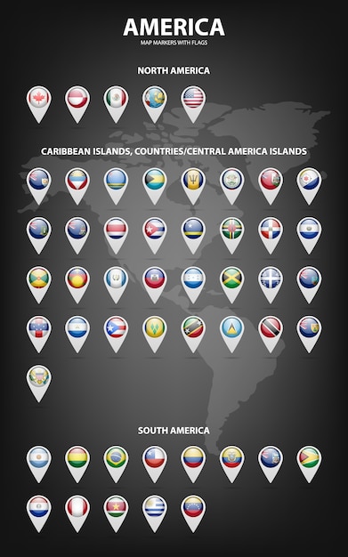 旗の付いた白い地図マーカー-南北アメリカ、カリブ海諸島、国、中央アメリカ諸島。