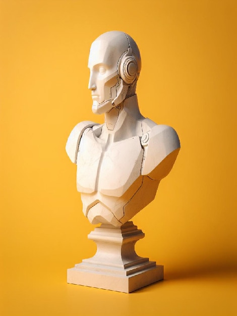 Vector a white marble bust of robot on a yellow background 3d