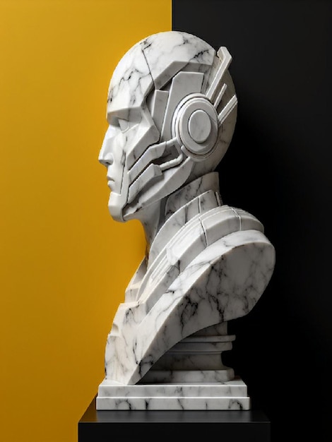 黄色の背景にロボットの白い大理石の胸像 3 d