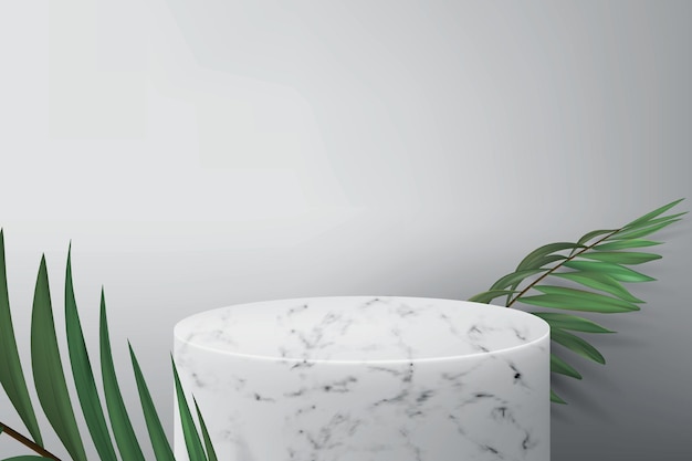 製品デモンストレーション用の白い大理石の表彰台。緑のヤシの葉と化粧品を表示するための空の台座と灰色の背景。