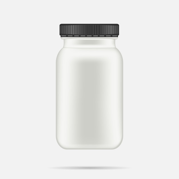 Vector white matte plastic bottle with black lid for vitamins, tablets, pills.