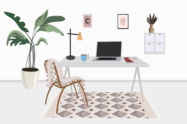 White minimalistic interior in hobo style computer desk with laptop mug and notebooks interior