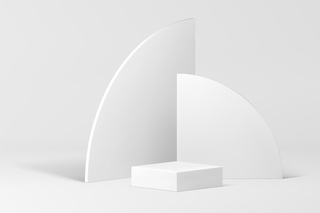 Vettore bianco moderno piedistallo podio 3d neutro mock up per presentazione di prodotti cosmetici presentazione illustrazione vettoriale realistica stand quadrato interno pastello showroom vuoto con sfondo geometrico della parete