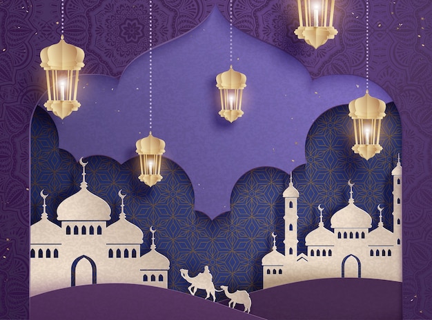 White mosque and lanterns on purple background