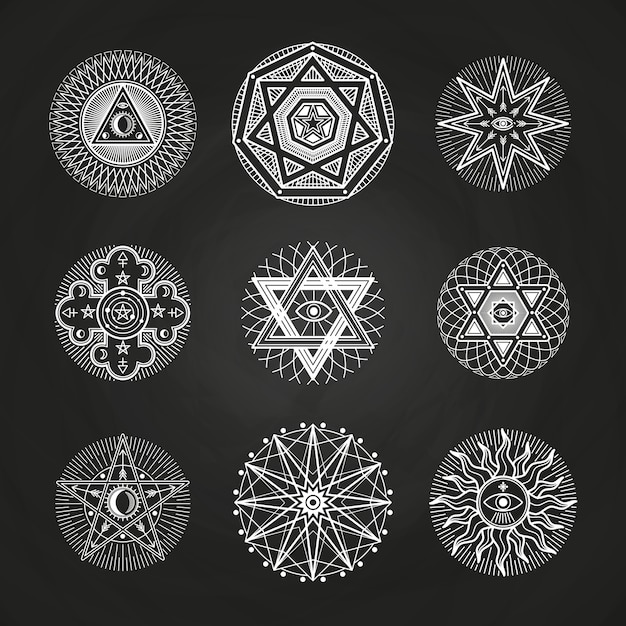 Vector white mystery, occult, alchemy, mystical esoteric symbols on blackboard