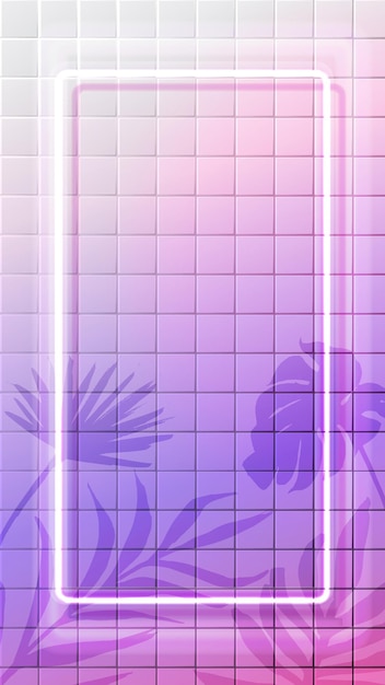 White neon vertical frame glowing on tiles background with tropic leaves shadow overlay. pink holographic surreal backdrop. 9:16 social media stories format.