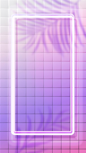 Cornice verticale al neon bianca incandescente su sfondo di piastrelle con sovrapposizione di ombre di foglie tropicali. sfondo surreale olografico rosa. 9:16 in formato storie sui social media.