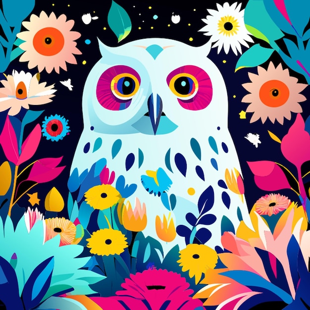 a white night owl with colorful flowers clear big eyes detailed strong light moonlight vector