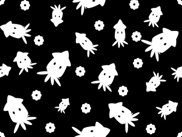 White octopus cartoon character pattern on black background