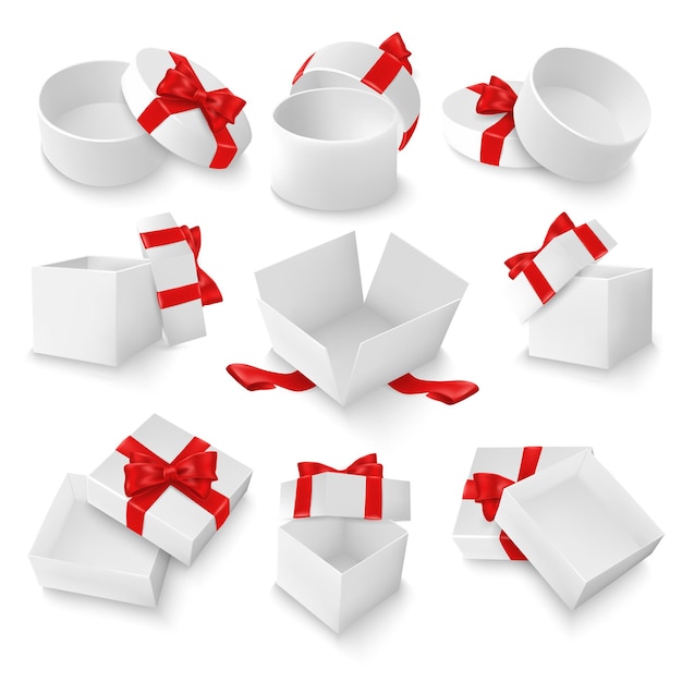 Bianco aperto scatola regalo mockup set illustrazione vettoriale isolato