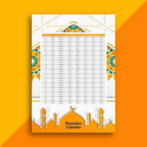 Vettore volantino o poster a tema calendario ramadan bianco e arancione con mandala ramadan