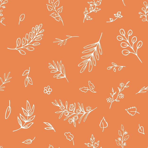 Vector white outlines of leaves twigs herbs on peach colour background hand drawn seamless pattern