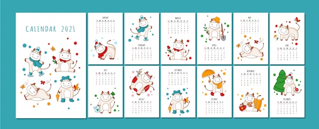 White ox calendar or planner format, cartoon ox, bull or cow, symbol of new year