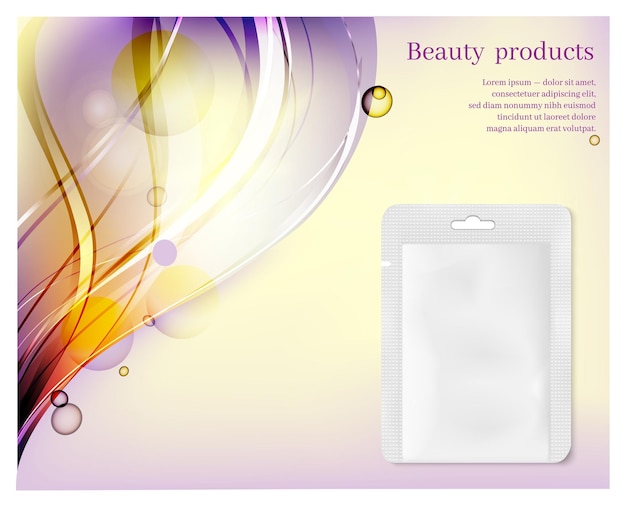 White pack on color waves background Sachet for cosmetics