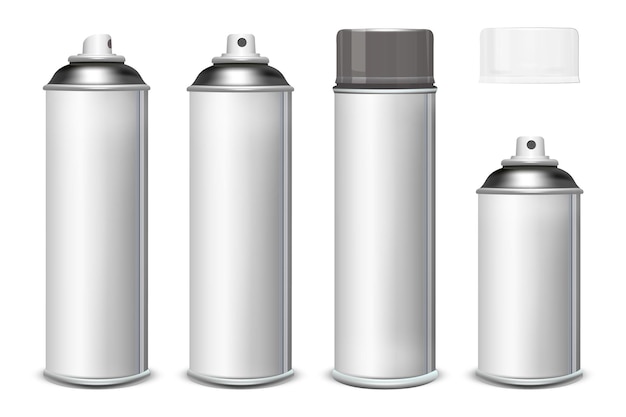Bianco vernice aerosol spray metallo 3d bottiglia può graffiti deodorante prodotti chimici domestici veleno vista frontale illustrazione isolato su sfondo bianco mock up modello per il vostro disegno vettoriale eps10
