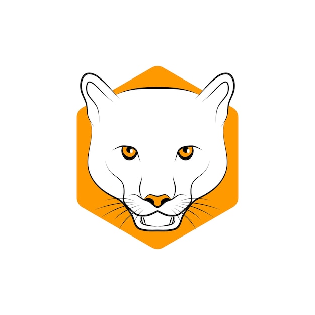 A white panther's face with orange hexagon background