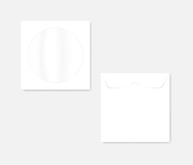 Vector white paper cd envelope with clear window and flap. blank empty disc cover. front and back