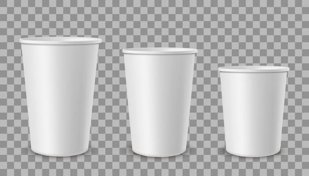 White paper cups. Cup for drinks, lemonade juice coffee tea ice cream container in different size.