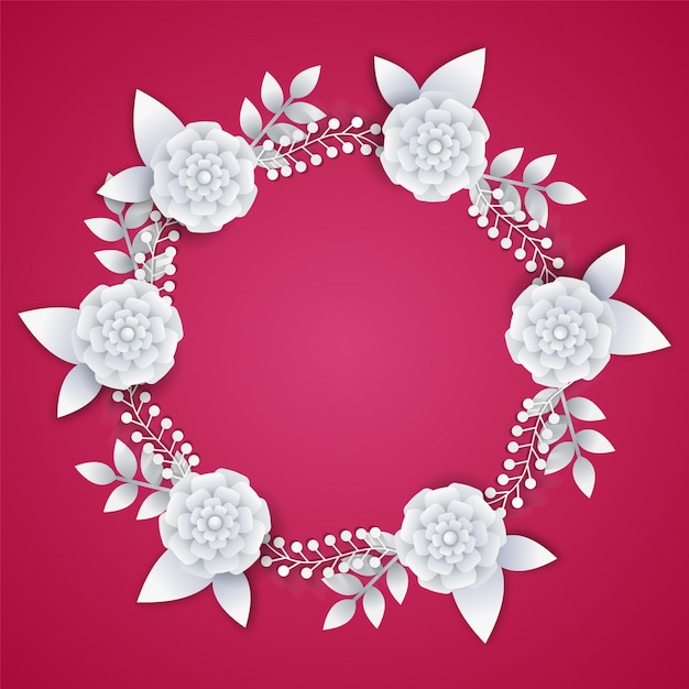 White paper flowers on pink background.