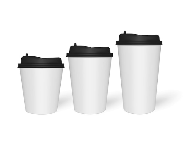 White paper to go coffee cups different sizes mock-up. Take away drink mug set mockup