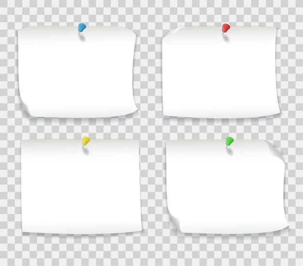Белые бумажные заметки с цветными булавками, изолированные на прозрачном фоне