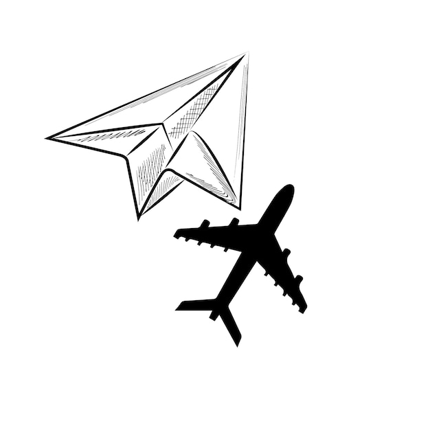 A white paper plane casts the shadow of an airplane on a white background Travel concept business