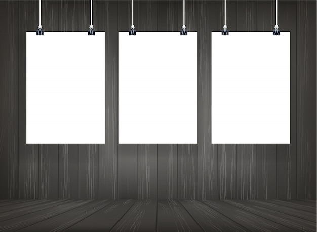 White paper poster hanging with wooden room space background.