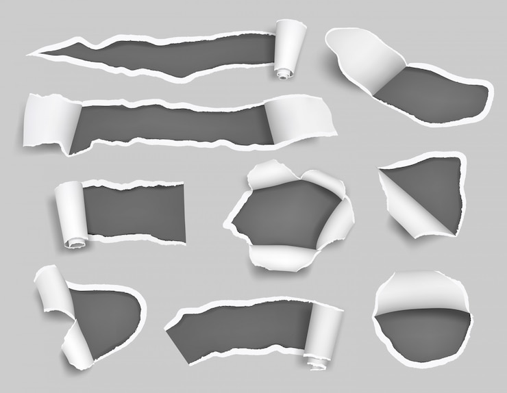 Vector white paper ripped. empty blank pages holes craft teared bullet lacerated vector 3d template