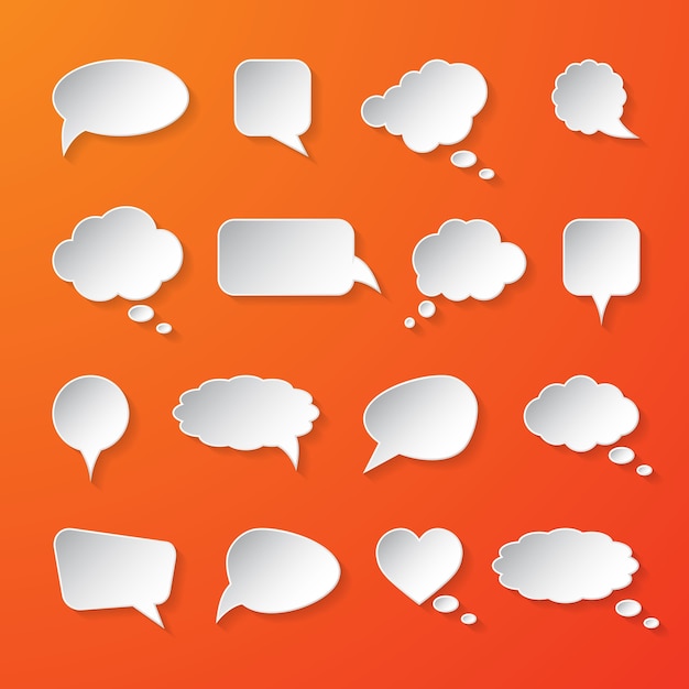 White paper speech bubbles on orange background.