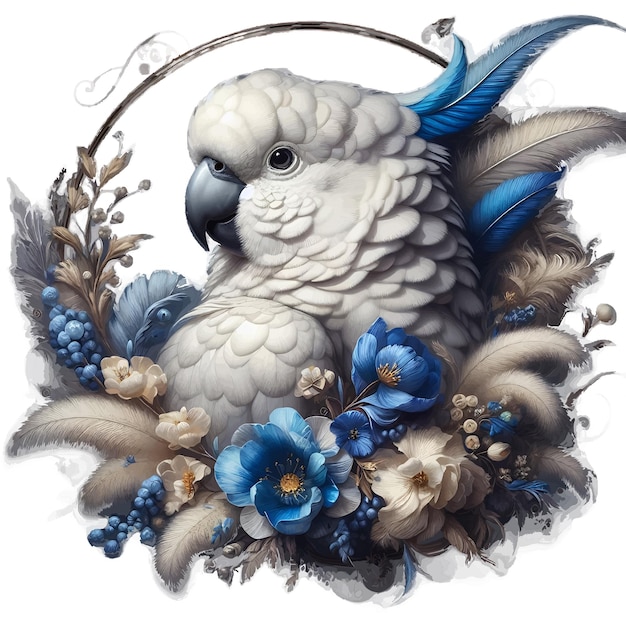 White Parrot Amidst Blue Feathers and Floral Wreath