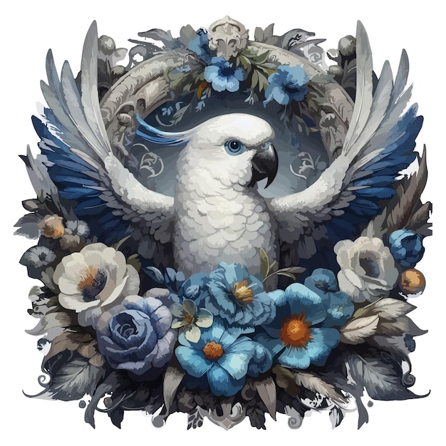 White Parrot Amidst Blue Feathers and Floral Wreath