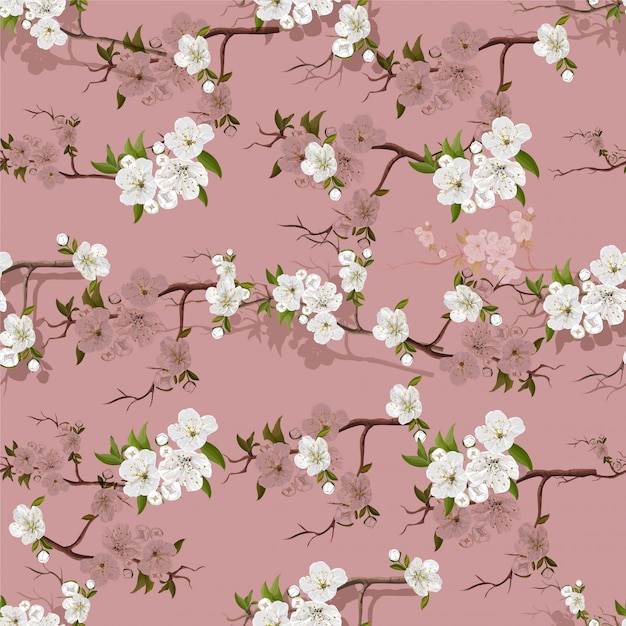 White peach blossoms flower seamless pattern