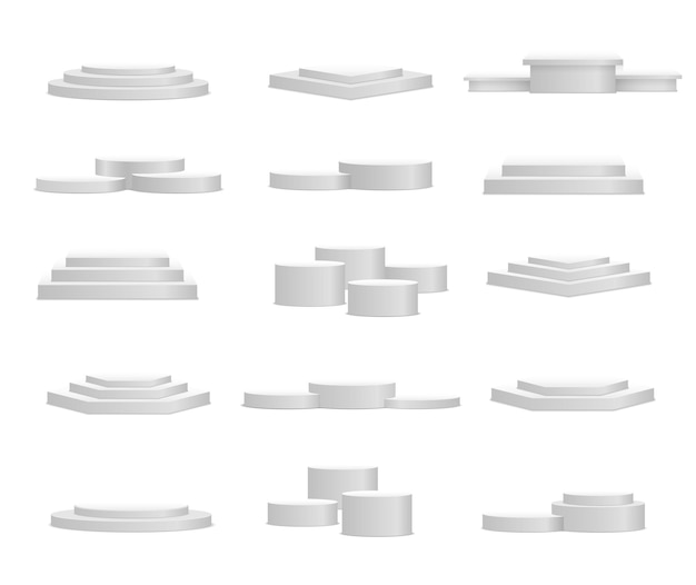 Vettore piedistallo bianco piattaforma stand cilindro rotondo e quadrato vuoto palco e scale podio d
