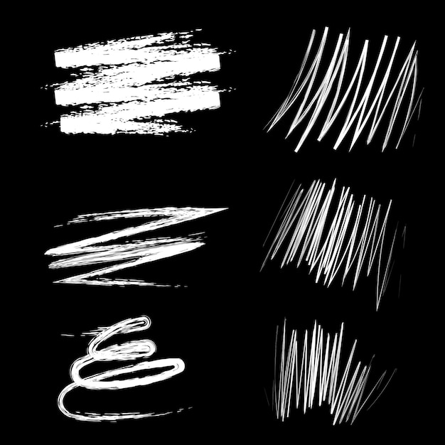 Vector white pencil scribbles set black background