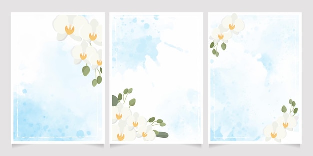 White Phalaenopsis orchid on blue watercolor splash wedding invitation background collection