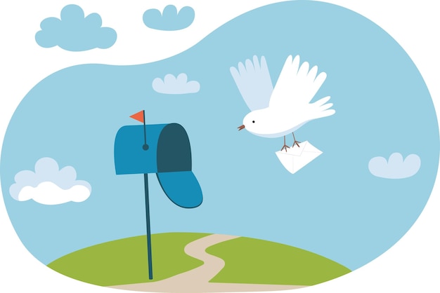 흰 비둘기 우체부가 우편물을 들고 하늘을 날아다닌다. 비둘기 우편으로 편지를 배달하는 비둘기