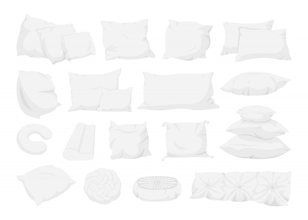 ベクトル 白い枕大きなセット、フラットな漫画のスタイル。インテリアテキスタイル。ソファ、ベッド、睡眠のモックアップテンプレートの枕。クラシックフェザー、バンブーエコファブリッククッション。白図に分離