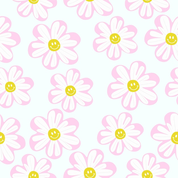 A white and pink daisy pattern with smiley faces on a blue background