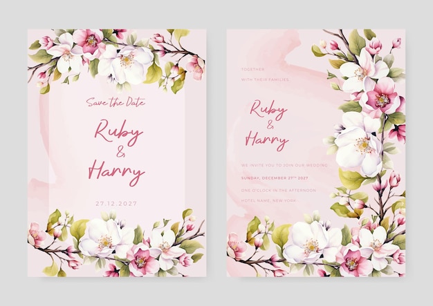 White and pink magnolia beautiful wedding invitation card template set with flowers and floral