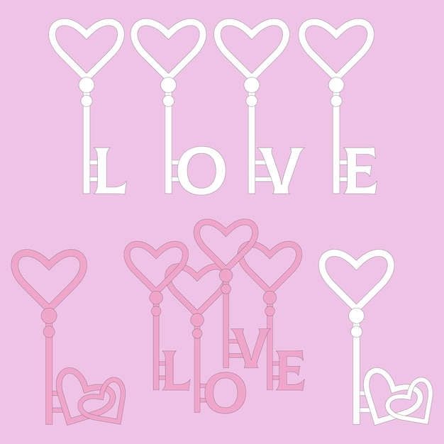 White and pink set of individual cute elements keys with letters LOVE and hearts