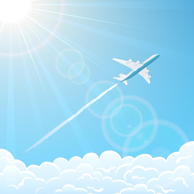 Vector white plane on blue sky background flies over clouds illustration